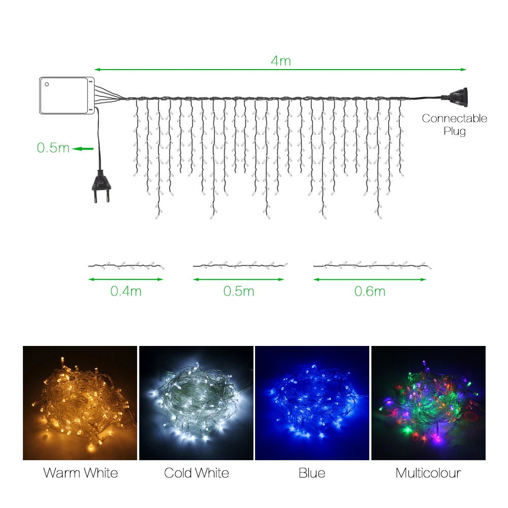 New Year 4m droop 0.4-0.6m 96 LED Curtain Icicle String Lights 8 Modes For Outdoor Christmas Twinkle Fairy Garland EU / US Plug