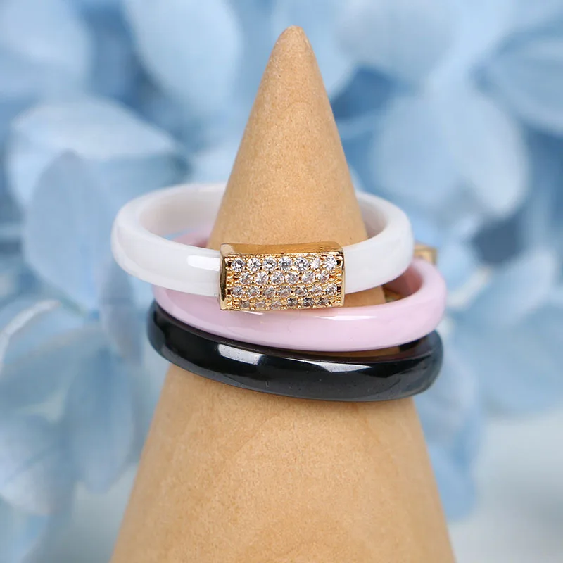 Gold Color Rings for Women Healthy Black White Pink Ceramic Rings With Bling Crystal 3mm Width Jewelry Anniversary Gift Whoesale