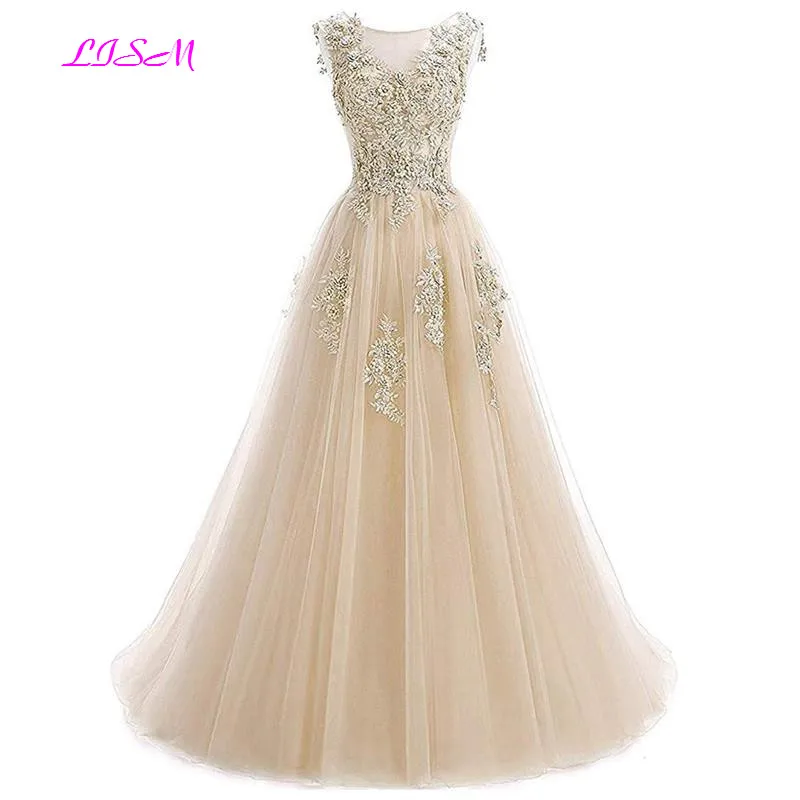 Lace Appliques Beaded Tulle Prom Dresses A-Line Sleeveless Evening Formal Dress Long Party Gowns vestidos de gala