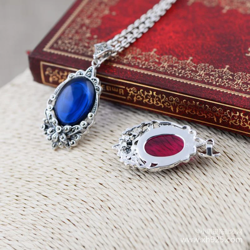 MAYONE S925 Sterling Silver Red and Blue sapphires Vintage Pendants For Women Natural Corundums Marcasite Carving