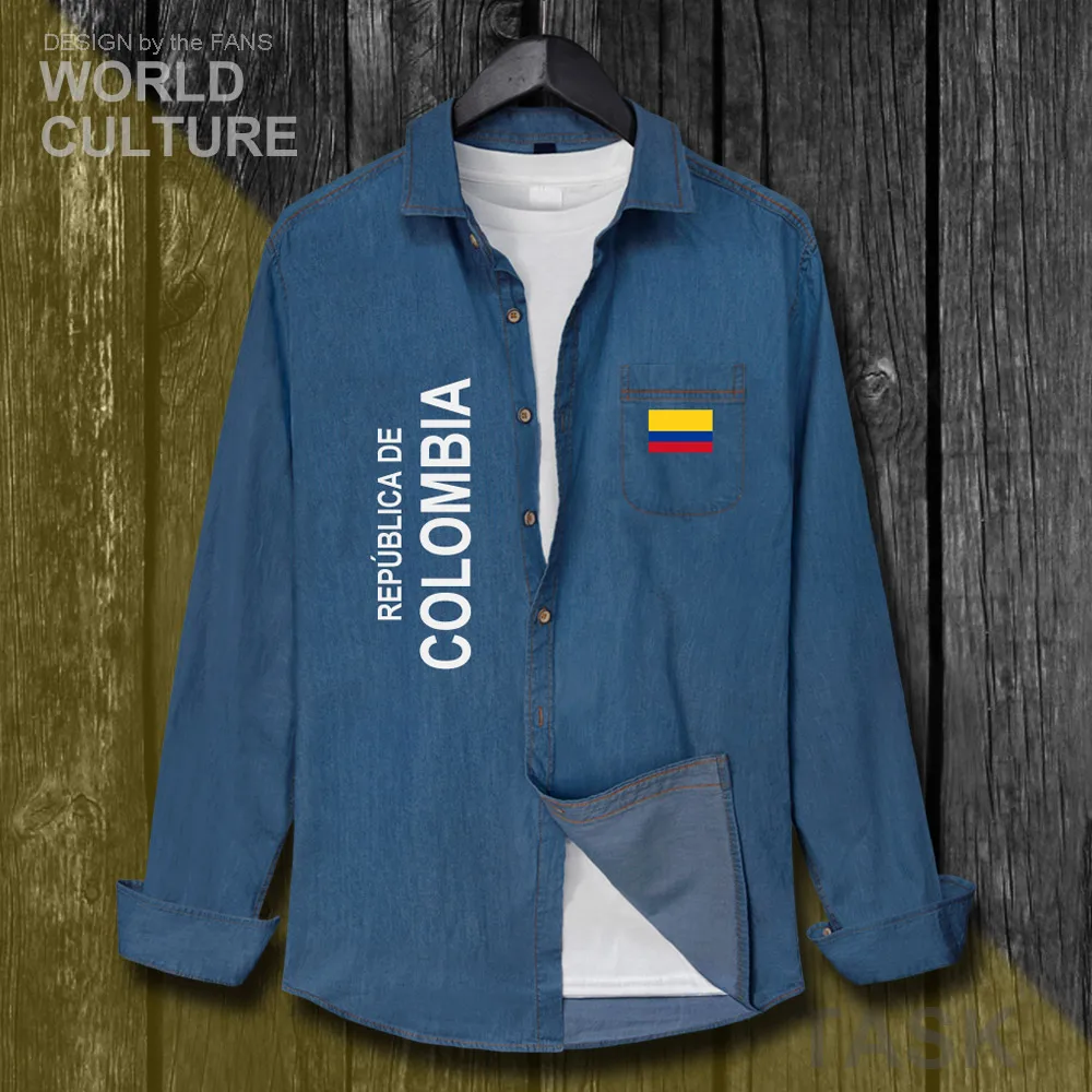 Colombia Colombian COL CO Men Flags Clothes Autumn Cotton Long Sleeve Cowboy Coat Fashion Turn-down Collar Jeans Shirt Tops New