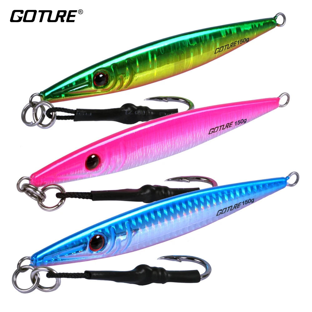 Goture 3pcs/lot Saltwater Big Fishing Lure Metal Jig 80g 100g 150g 200g Slow Pitch Vertical Jigging Bait Max Drag 50kg