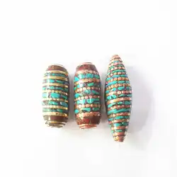 Nepal Hand Metal Beads Copper Silk Filled With Turquoise Big Shuttle Loose Beads for DIY NBB207