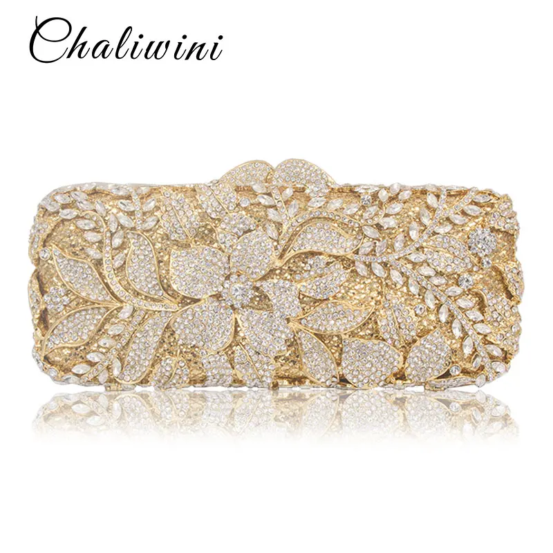 

Chaliwini Luxury bags Women Purse Designer Crystal Flower Metallic Clutches Female Chains Shoulder Bags Evening Handbags