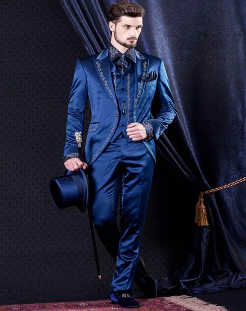 2020 Blue New Mens Suit 3 Pieces Casual Notch Lapel Tailcoat Tuxedos Long Blazer For Wedding Party(Blazer+Vest+Pants)