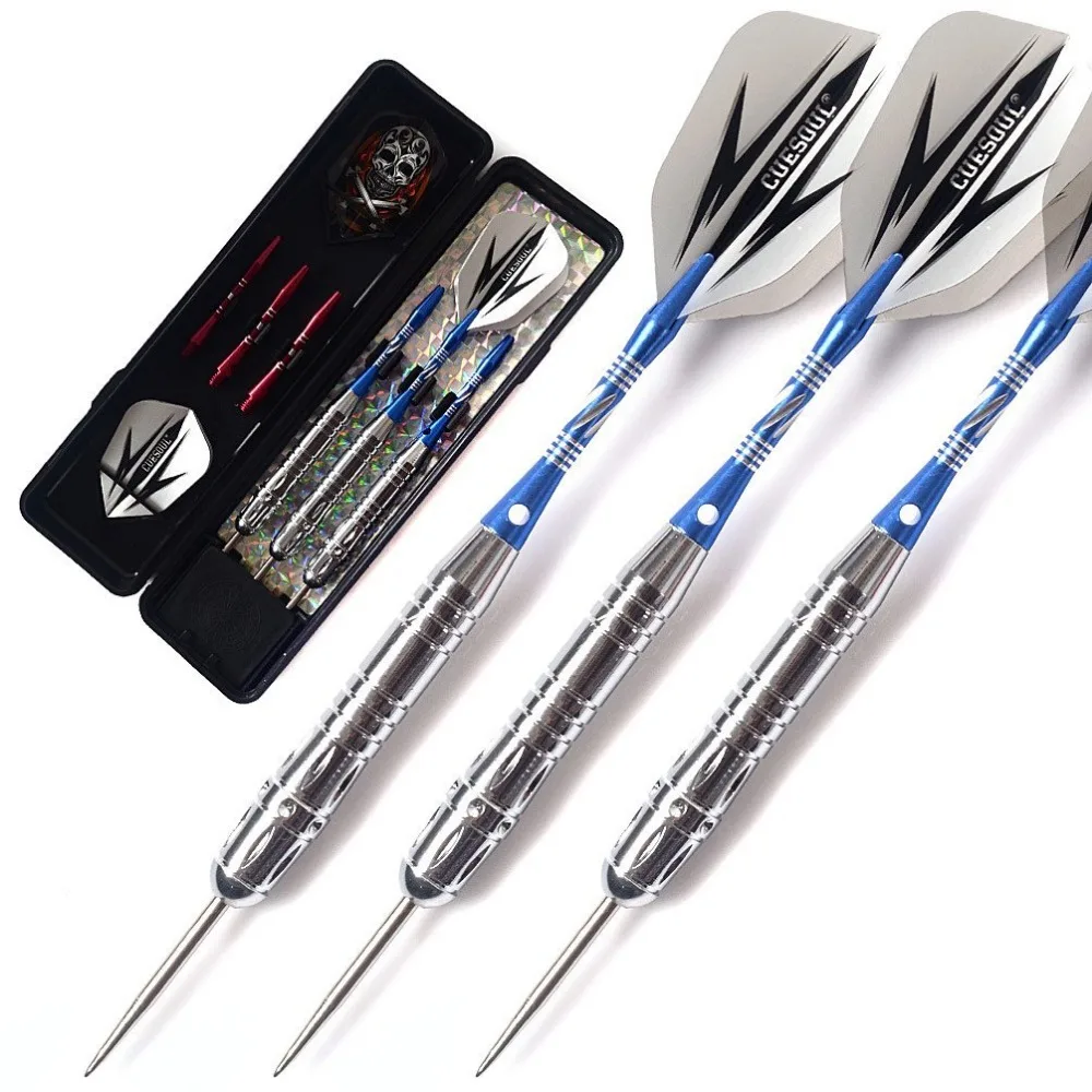 CUESOUL High Quality 20/22 Grams Steel Tip Brass Barrels Darts Set with 6 x Blue Aluminum Dart Shafts