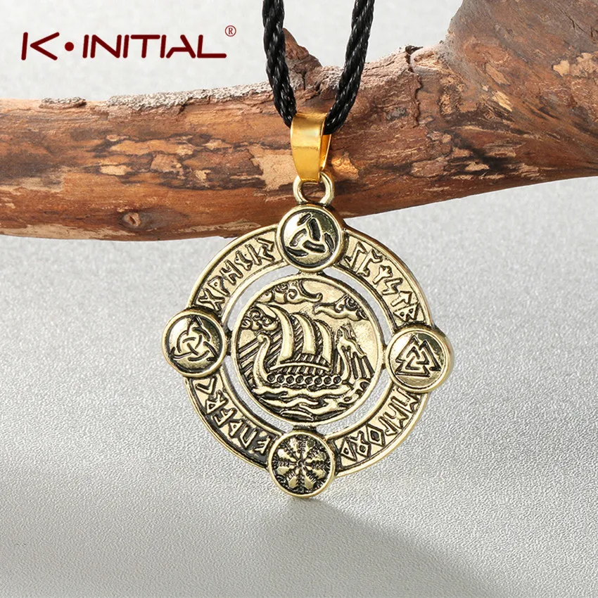 Kinitial Fashion Viking Rune Pendant Necklace Retro Round Triangle knot Vintage Ancient Amulet Men Necklace Rope Jewelry Gift