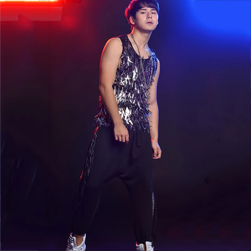 Hip Hop Dance Sequin Vest กางเกงสูท DJ นักร้องชายชุดบาร์ไนท์คลับโฮสต์ Stage Show เครื่องแต่งกายชุด DT776