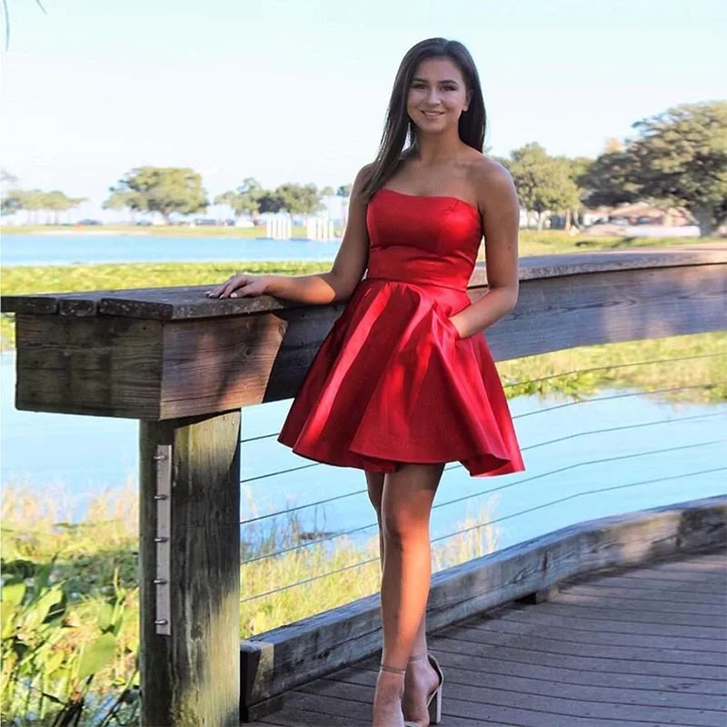 2022 Red Short Mini Graduation Homecoming Dresses With Pockets Strapless Satin Short Homecoming Cocktail Party Dresses Custom