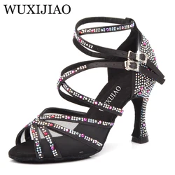 WUXIJIAO damskie buty do tańca latynoskiego z czarnymi satynowymi szpilkami w stylu rhinestone buty do salsy heel 9cm