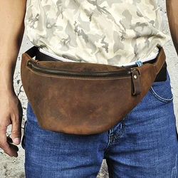 Genuine Leather Men Bag Waist Chest Pack Cross Body Crazy Horse Cowhide Purse 7'' Bum Male Messenger Hip Belt Fanny Pack Bags