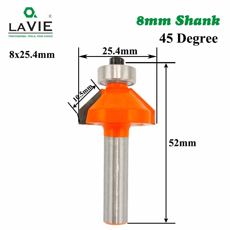 LAVIE-Mèche biseautée résistante à 45 chanfreins MC02021, 1 pièce, tige de 8mm, mèche de fraisage affleurante, travail de calcul