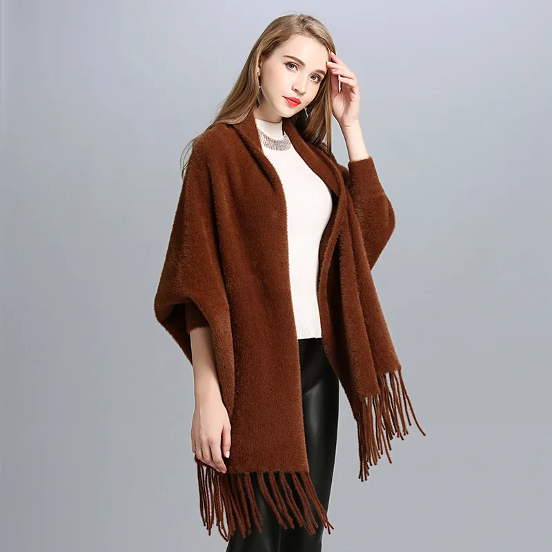 Winter Thick Warm Knitted Tassel Long Pashmina Loose Cape Autumn Fashion Faux Mink Velvet Knitwear Gift For Women Shawl Cloak