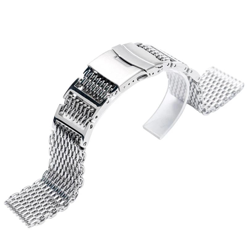 20/22/24mm HQ Shark Mesh Silver Stainless Steel Watchband Replacement Bracelet Men Folding Clasp with Safety Watch Band Strap