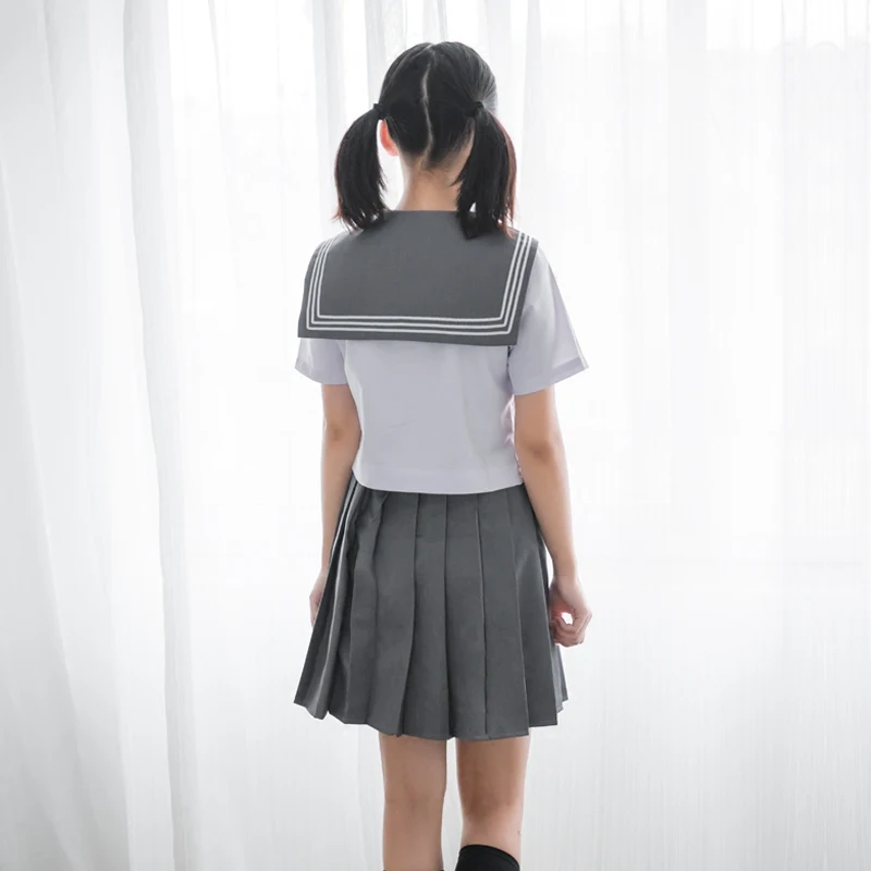 Spring Autumn Gray Color Short/Long sleeve School Girl Dress Uniform With Embroidery S-XXL