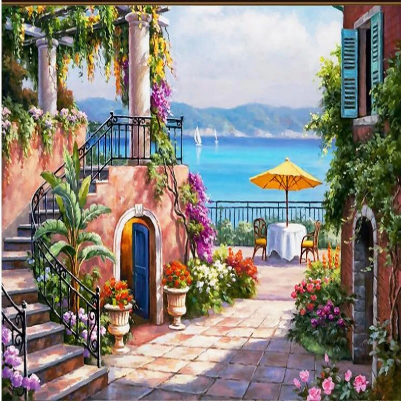 

wellyu Customized large murals Mediterranean Seaside Garden Oil Painting Landscape Background Wallpaper papel de parede