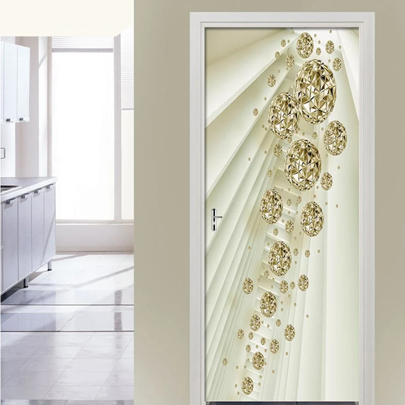 

Door Mural 3D Abstract Space Golden Sphere Door Sticker Eco-friendly Door Home Decor Sticker Self-adhesive Wall Sticker Decals