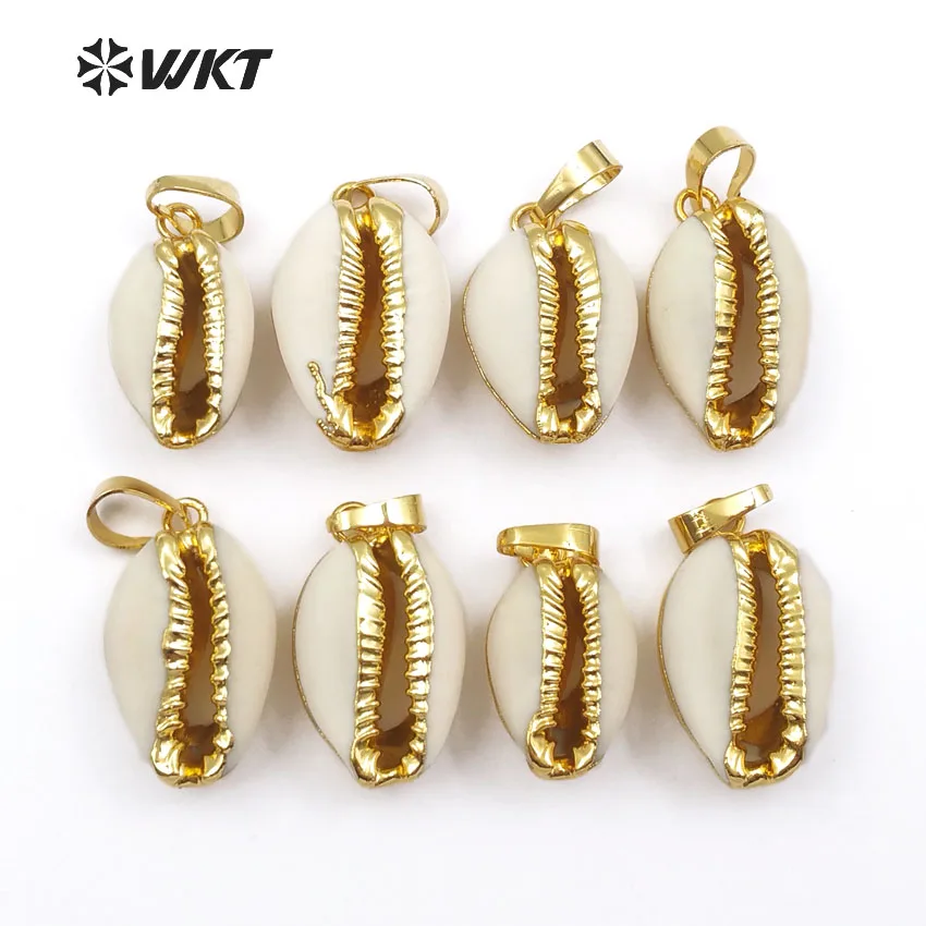 WT-P547 WKT Hot Sale Fashion Pendant Natural Tiny Cowrie Shell With Gold Trim Pendant Special Gift For Her Necklace Pendant