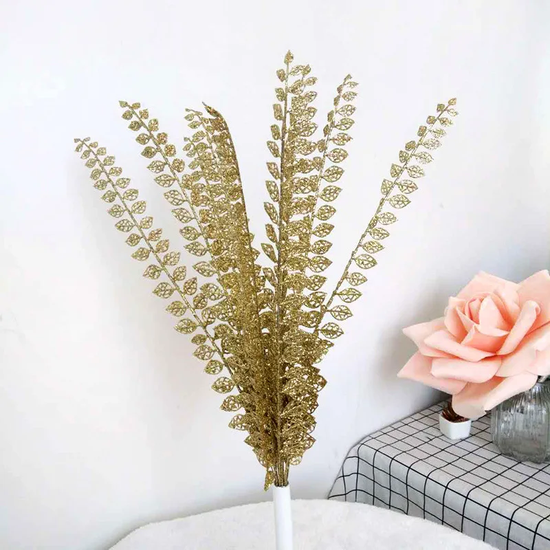 7 Pcs Christmas Decoration Gold Powder Leaves Artificial Flowers for Christmas Tree Gifts DIY Product Accessories