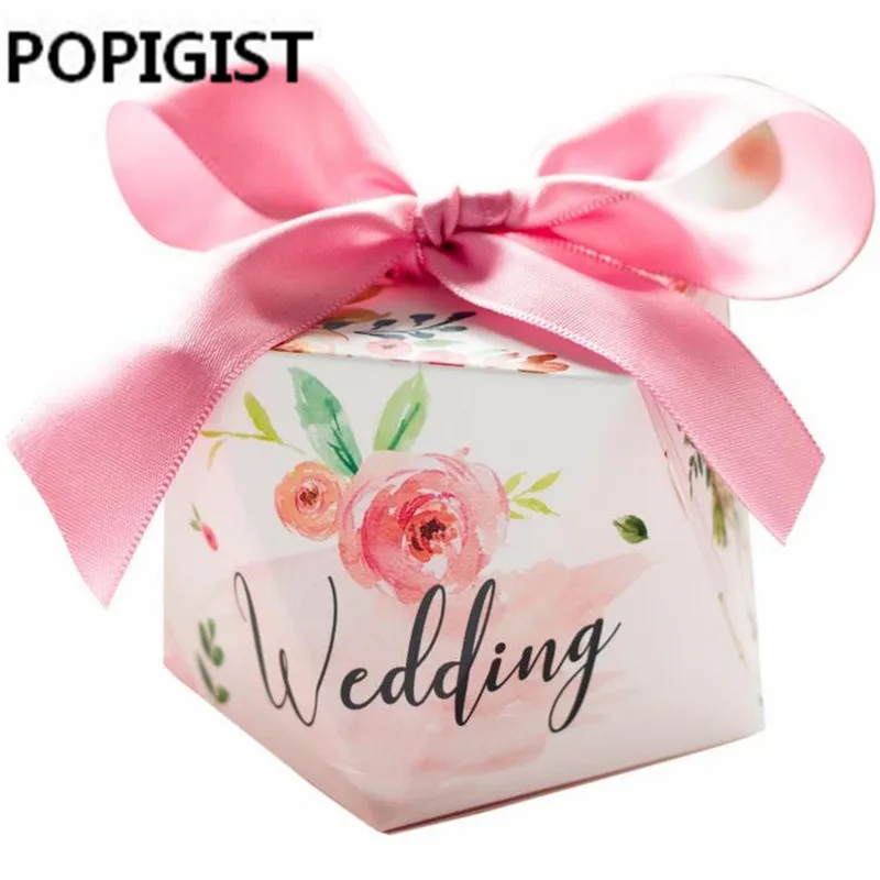 

European creative beautiful pink flower floral Candy Boxes Wedding Favors Bomboniere paper Gift Box Party Chocolate box 50pcs