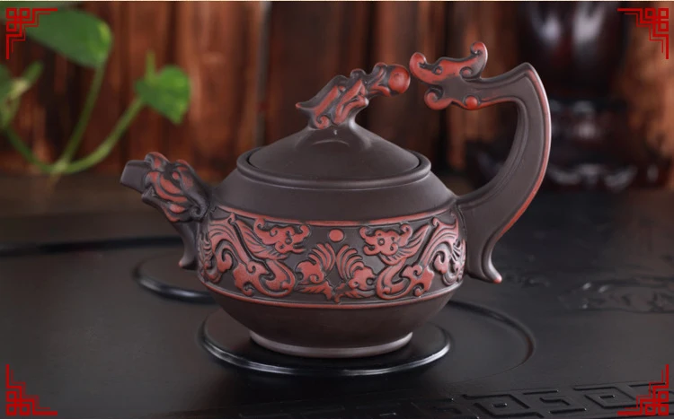 Chinese traditional teapot Shuanglongxizhu, handmade Zisha teapot 350ml red clay antique teapot ceramic mixed color kettle