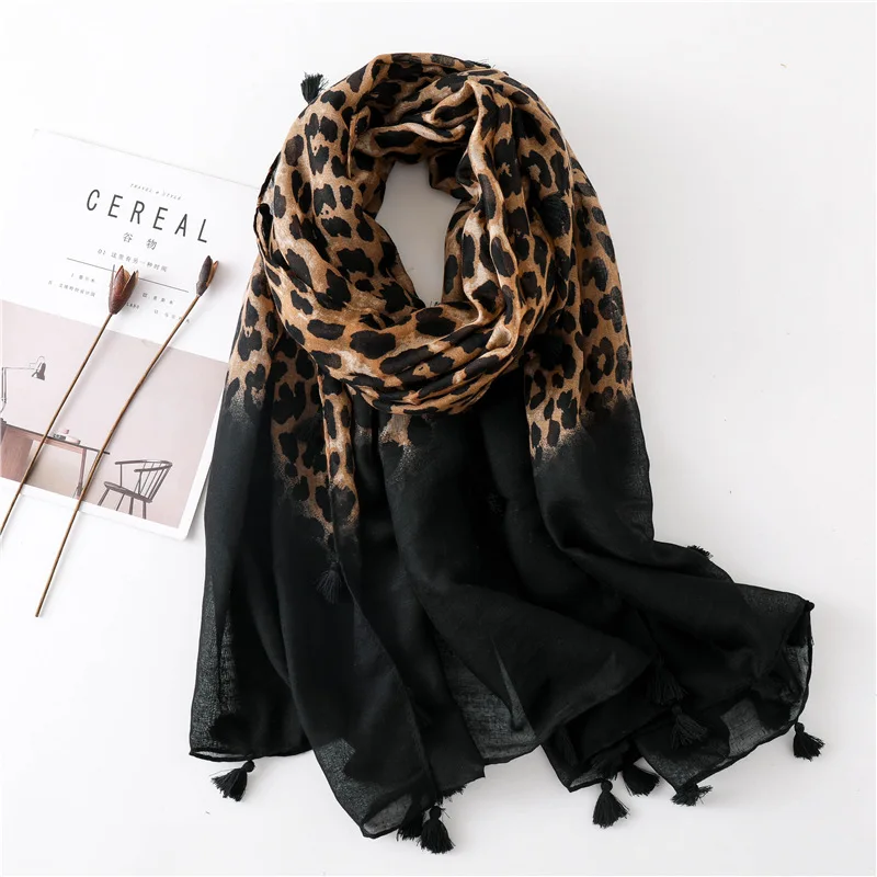 2025 herbst Winter Leopard Dot Quaste Viskose Schal Schal Frauen Drucken Halstuch Snood Luxus Marke Foulards Moslemisches Hijab Sjaal – Detail 15