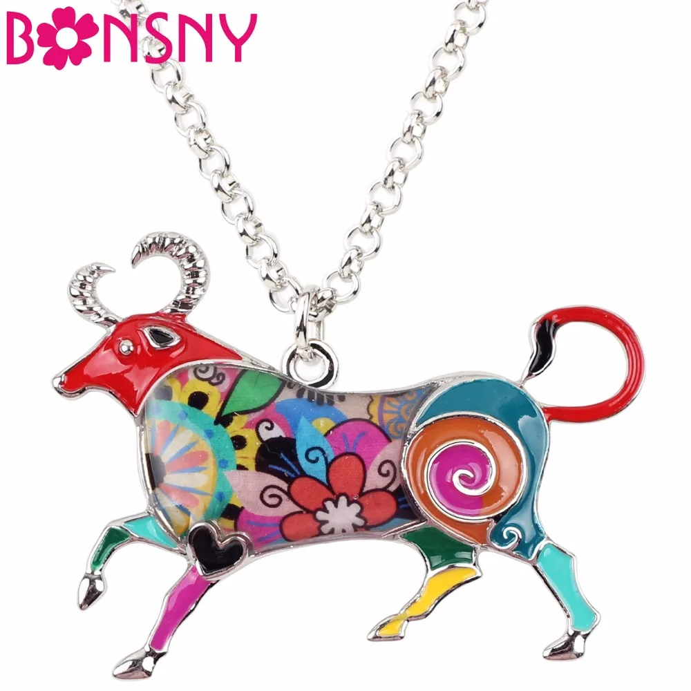 

Bonsny Maxi Statement Metal Alloy Lucky Zodiac TAURUS Necklace Chain Choker Pendant Novelty New Bull OX Enamel Jewelry For Women