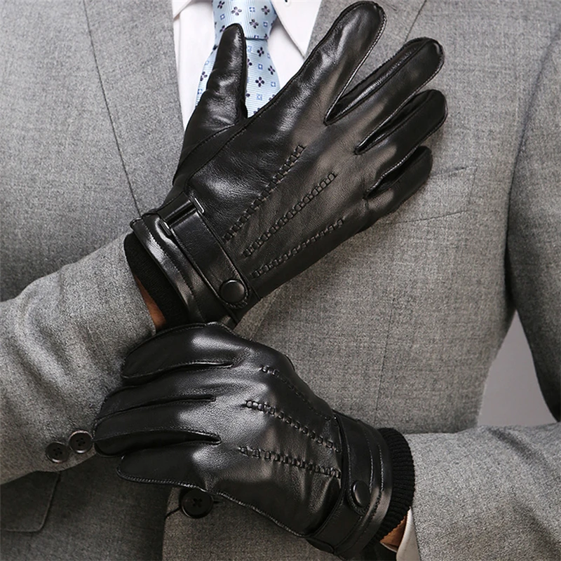 Men's Genuine Leather Gloves Male Cashmere Knitted Lined Black Lambskin Leather Gloves Belt Button M016WZ-1