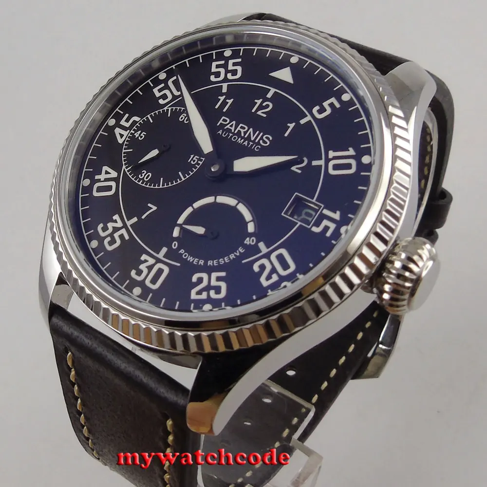 45mm Parnis black dial date power reserve ST2530 Automatic Movement Mens Watch