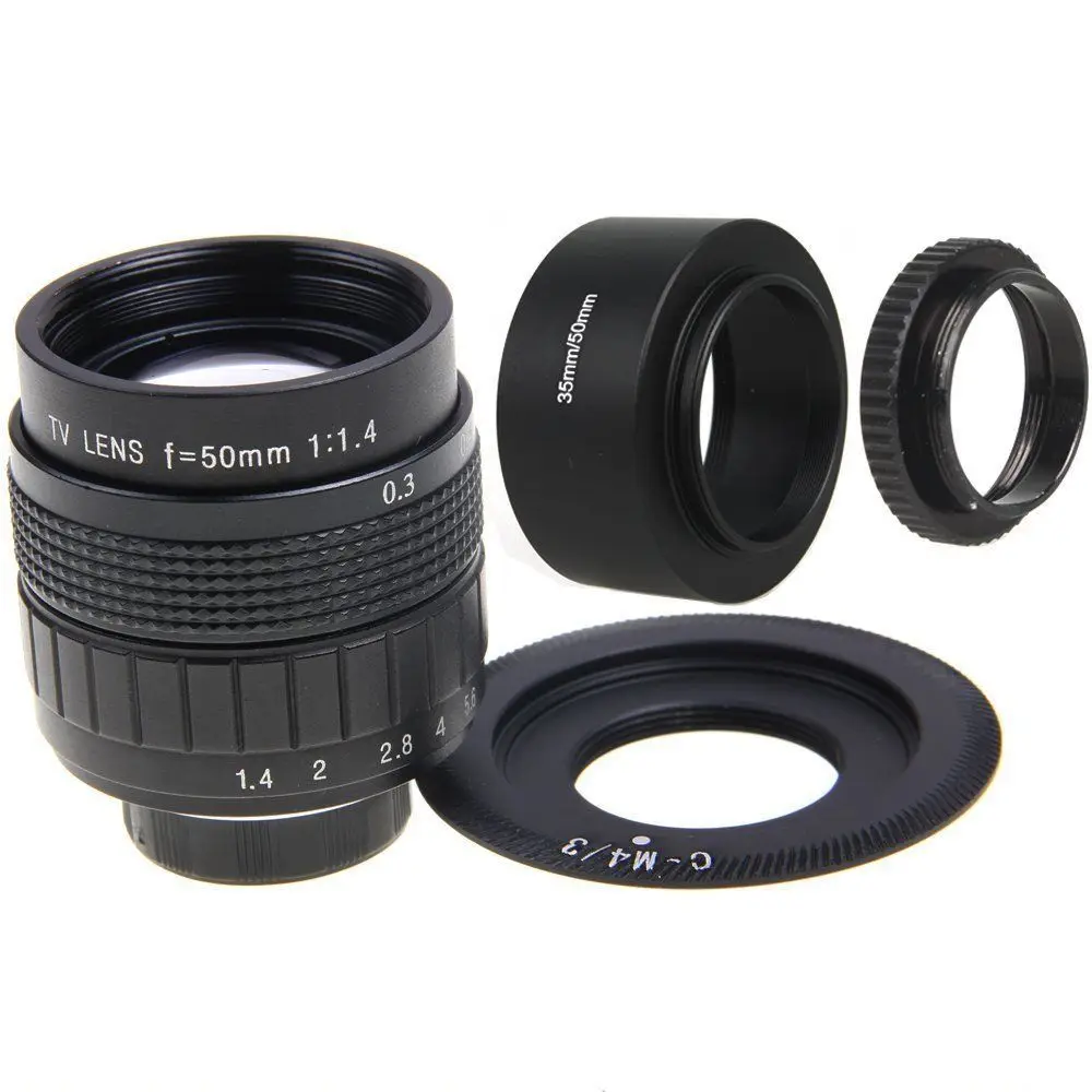 FUJIAN 50mm f/1.4 CCTV F1.4 Lens + C-M4/3 Mount + Lens Hood + Macro Ring for Olympus Panasonic Micro 4/3 M4/3 M 4/3