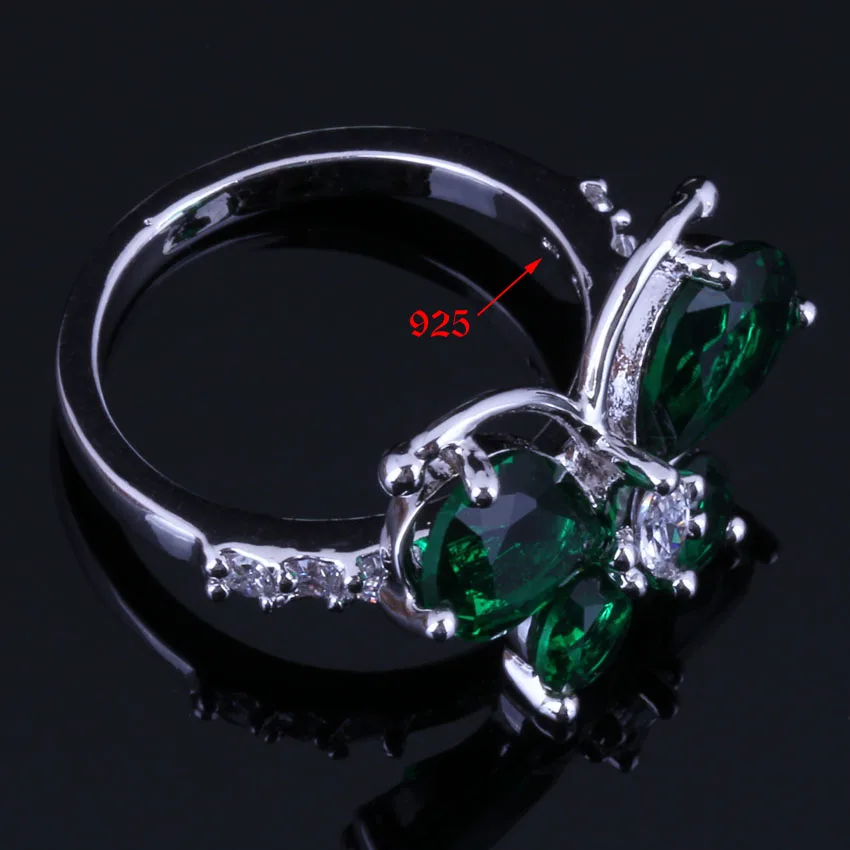 Elegant Butterfly Green Cubic Zirconia White CZ Silver Plated Ring V0460
