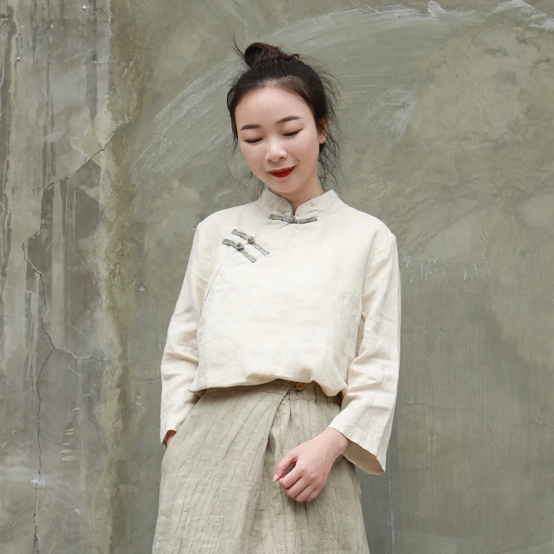 LZJN Phụ Nữ Áo Sơ Mi Đứng Cổ Áo Giản Dị Áo Cánh 2019 Mùa Xuân Trung Quốc Phong Cách Retro Linen 3/4 Sleeve Áo Cái Yếm Top Áo Sơ Mi