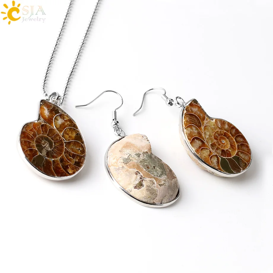 CSJA Natural Unique Ammonite Jewelry Set Necklaces Pendants Conch Shell Snail Spiral Dangle Earrings Pendants Sets E392