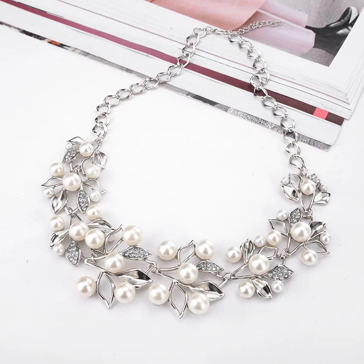 Simulated Pearl Jewelry Set Leaves Necklaces & Pendants Statement Necklace Earrings Set Gold Color Bridal Jewelry Sets For Women