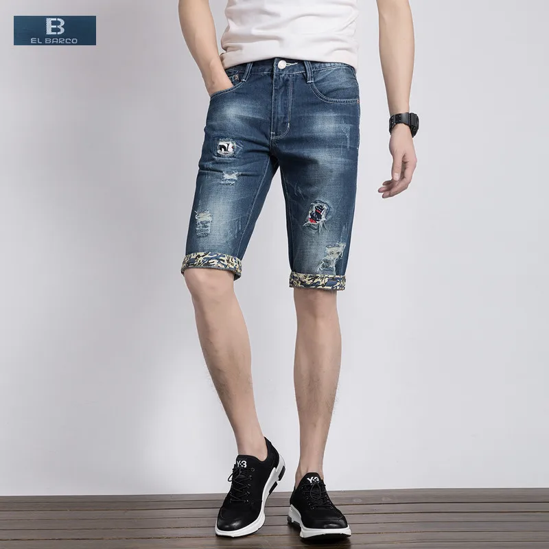 

[EL BARCO] New Fashion Denim Cotton Ripped Shorts Jeans Men Bermuda Summer Knee-Length Pocket Blue Male Short Trousers Plus Size