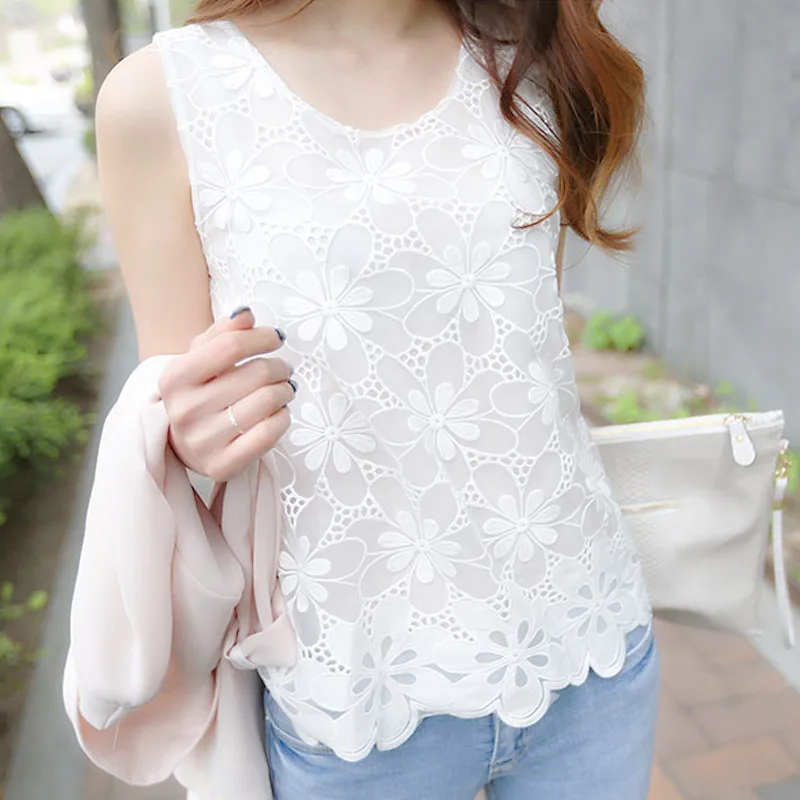 Top camicetta da donna Blusas Femininas Summer Lace senza maniche White Renda Crochet camicie Casual top e camicette donna