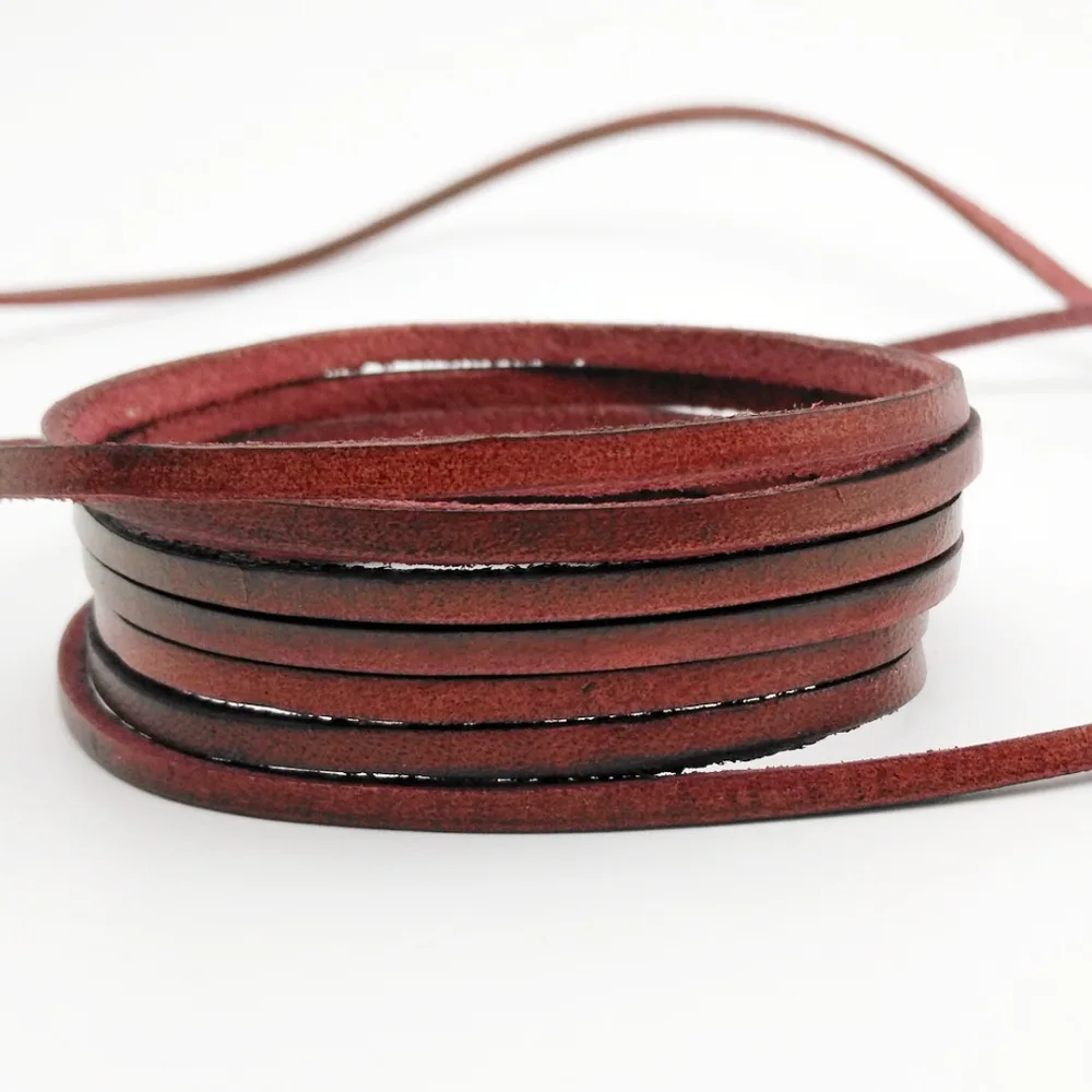 Aaazee 2 Yards 3mmx2mm Distressed Red Coated Cow Hide Real Leather Strip, 3mm Wide Genuine Cord