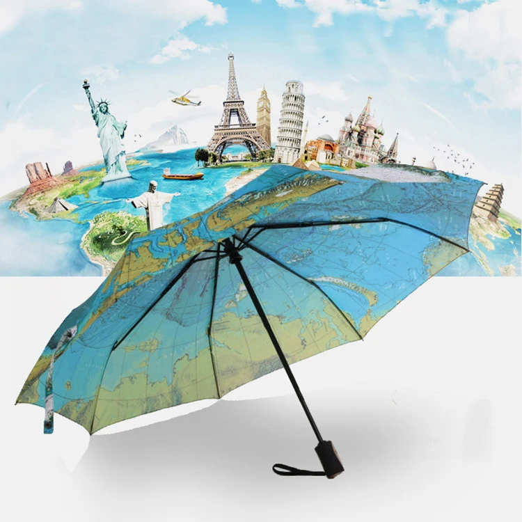 Creative World Map Automatic Umbrella For Women UV Folding Blue Ocean Land Umbrellas Rainproof Rain Sun Auto Umbrella