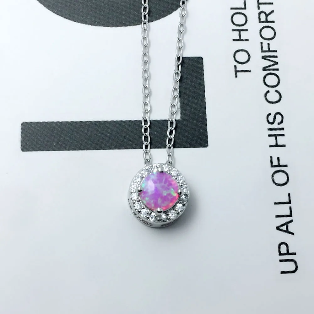 Round Pink White Blue Opal Silver Color Pendant Necklaces Cubic Zirconia Circle Necklace Birthday Gifts (Lam Hub Fong)