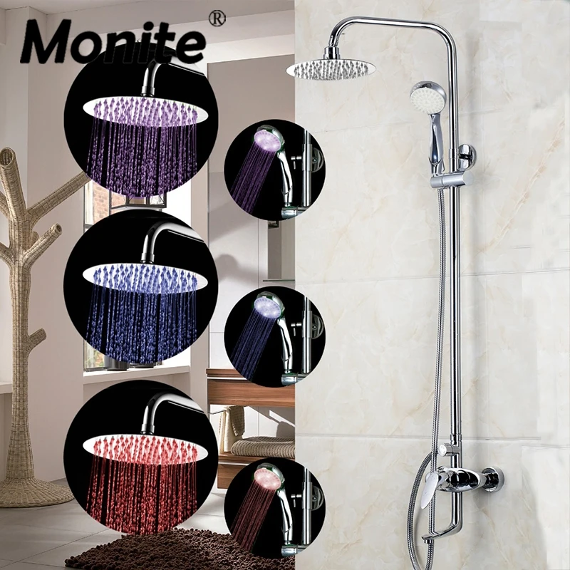 

NEW LED 8" LED Rainfall Shower Head Arm Control Valve Handspray Shower Faucet Set With the Ultra Thin Shower Set Faucets