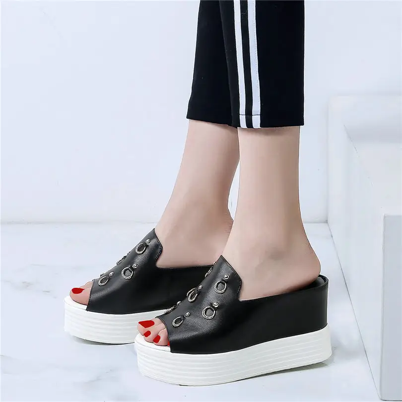 

New Creepers Women Slides Cow Leather Embroider Wedges Platform Slippers Outside High Heel Rivets Pumps Party Punk Oxfords Shoes