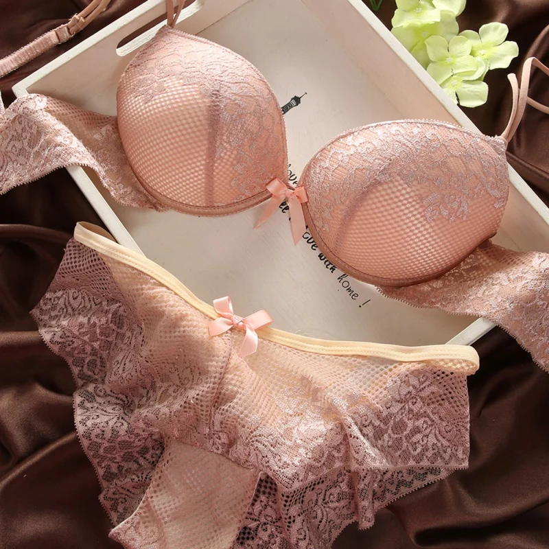 Sexy Underwear Women Three Hook And Eye Bra Set Lingerie Set Vintage Lace Embroidery Push Up Bra And Bow Panty Set