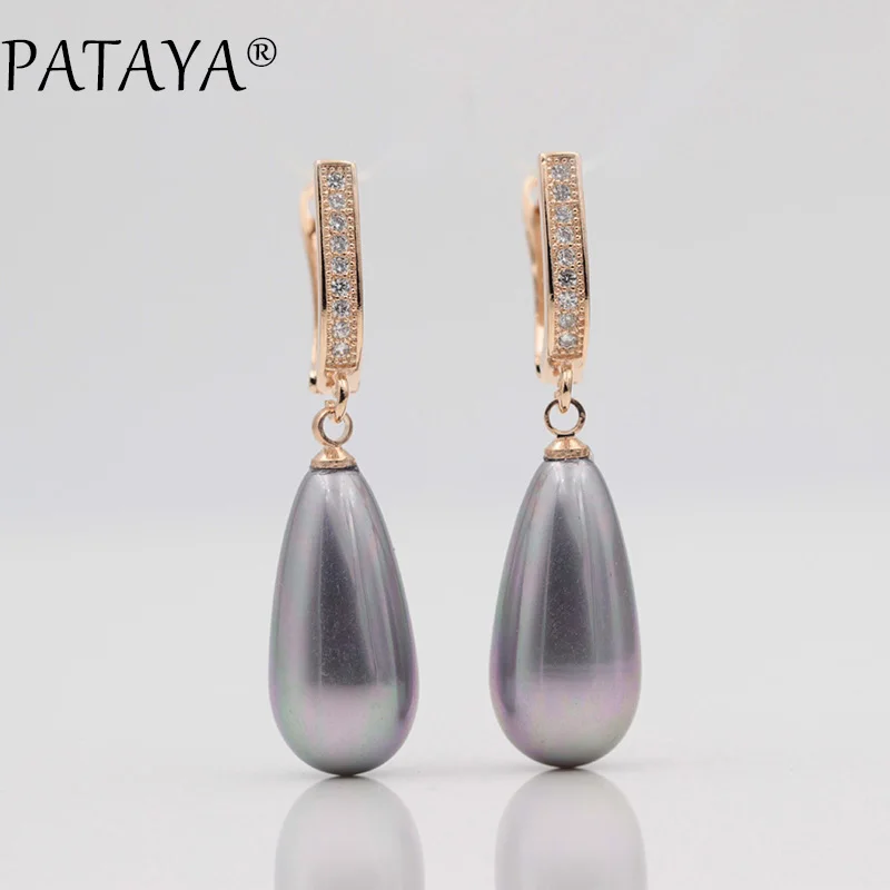 PATAYA New Fashion Multicolor Long Imitation Pearls Natural Zircon Dangle Earrings 585 Rose Gold Color Women Wedding Jewelry