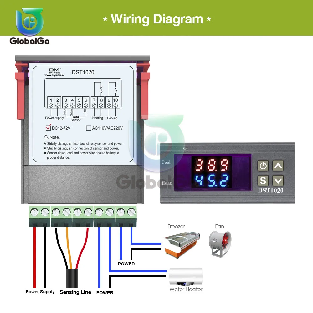 DST1020 Dual Display Thermostat With DS18B20 Temperature Sensor Probe Waterproof Line Thermometer Temperature Controller