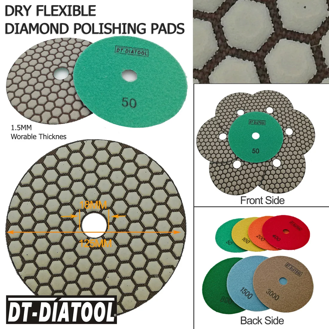 DT 7pieces 125mm grit 50 Premium diamond dry polishing pads diameter 5 inch Resin bond flexible Sanding Discs for angle grinder