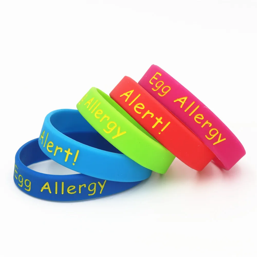 

50PCS Egg Allergy Silicone Wristband Blue Green Red Pink Armband kids Medical Alert Braceets&Bangles Wholesale SH204