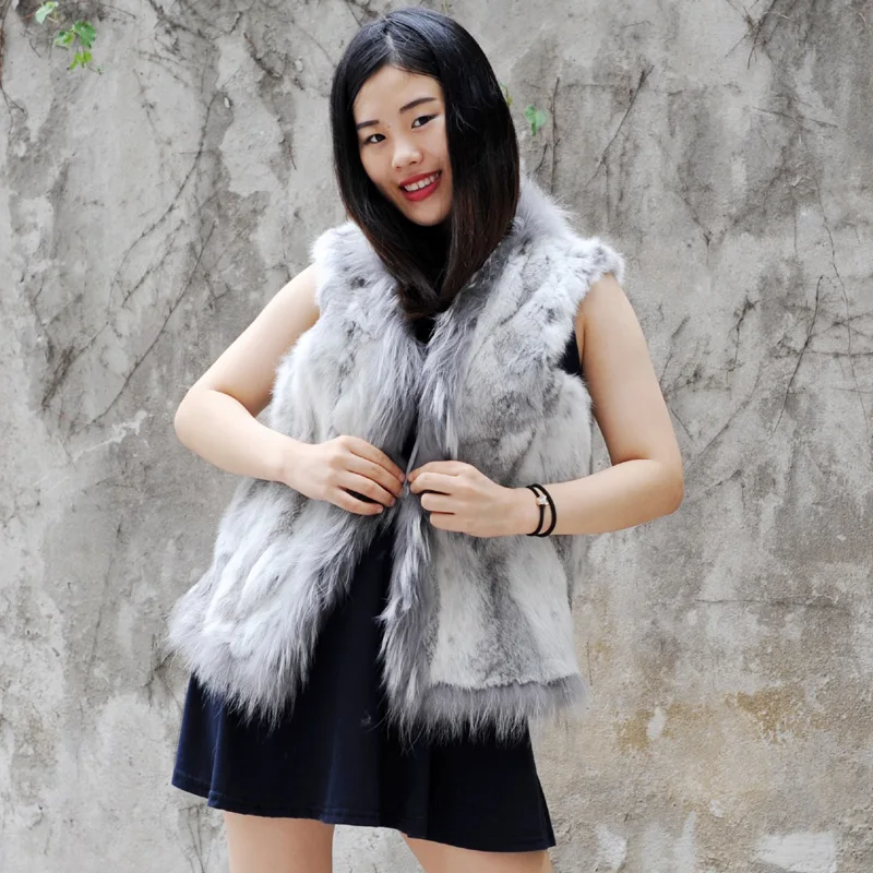 Women Winter Gilet Patch Real Rabbit Fur Vest with Raccoon Fur Trim CX-G-B-35B