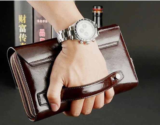 P.KUONE men\'s clutch Bag Genuine Leather handbag Double Layer Business day clutches wallets men Oil Wax Cowhid purse male wallet