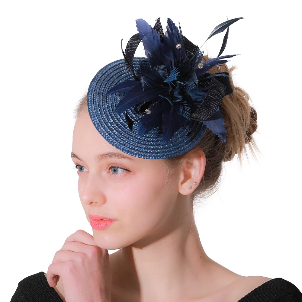 

Navy Feather Flowers Fascinator Party Hats Womens Hair Accessories Bridal Hair Ornaments Headwear Elegant Ladies Race Headpieces
