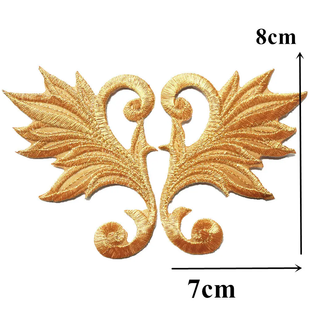 2PCS Gold Wings Leaf Heart Embroidered Patches Sew Iron On Badges Appliques Collar For Clothes Dress DIY Craft Decoration